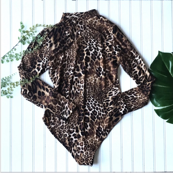 Tops - Animal print bodysuit mock neck sexy black brown